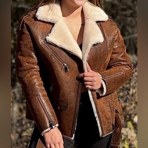 Women Real Sheepskin Flying Jacket Antique Brown Genuine Shearling  Coat